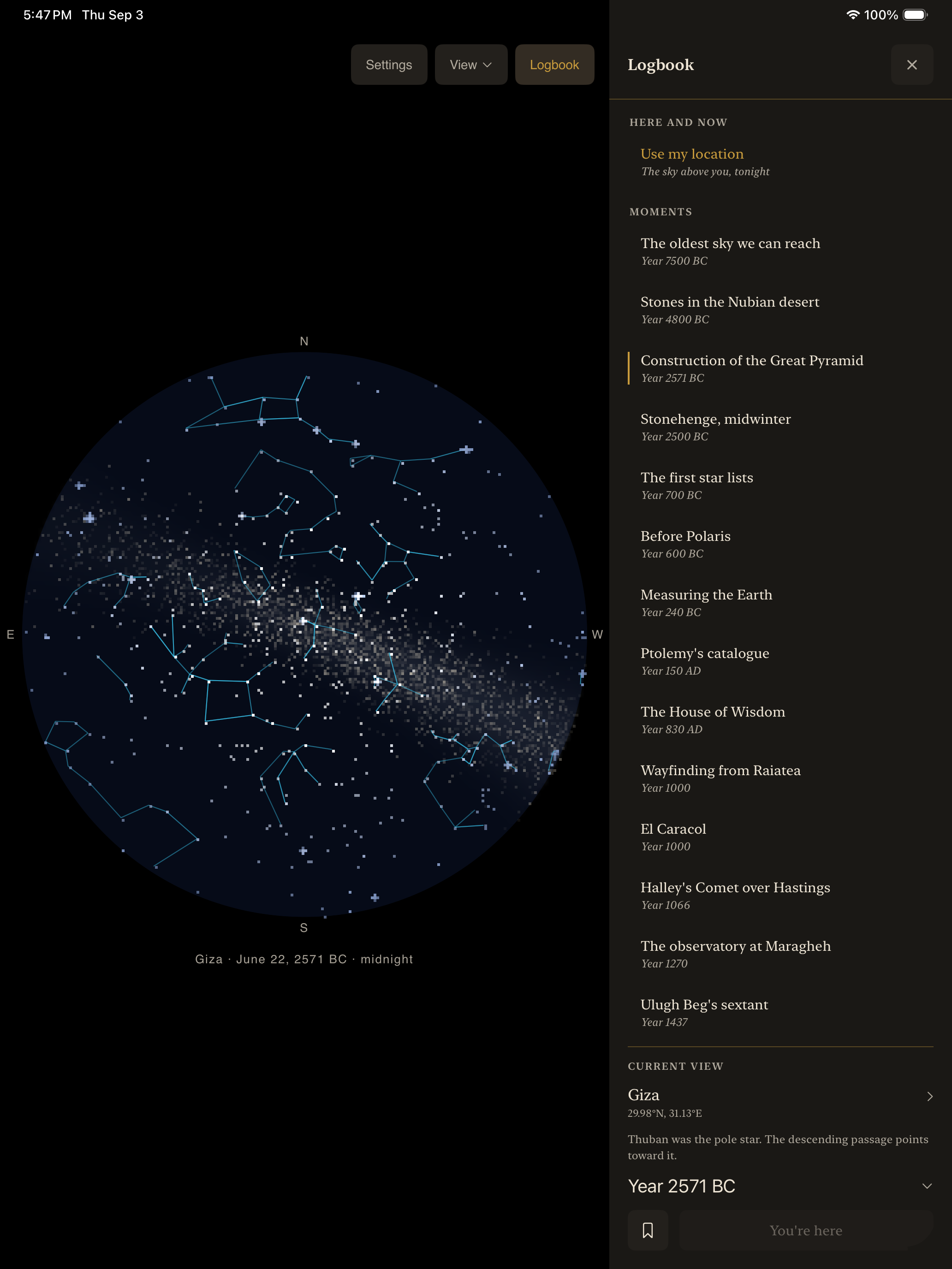 The Logbook open beside the night sky, listing historical moments