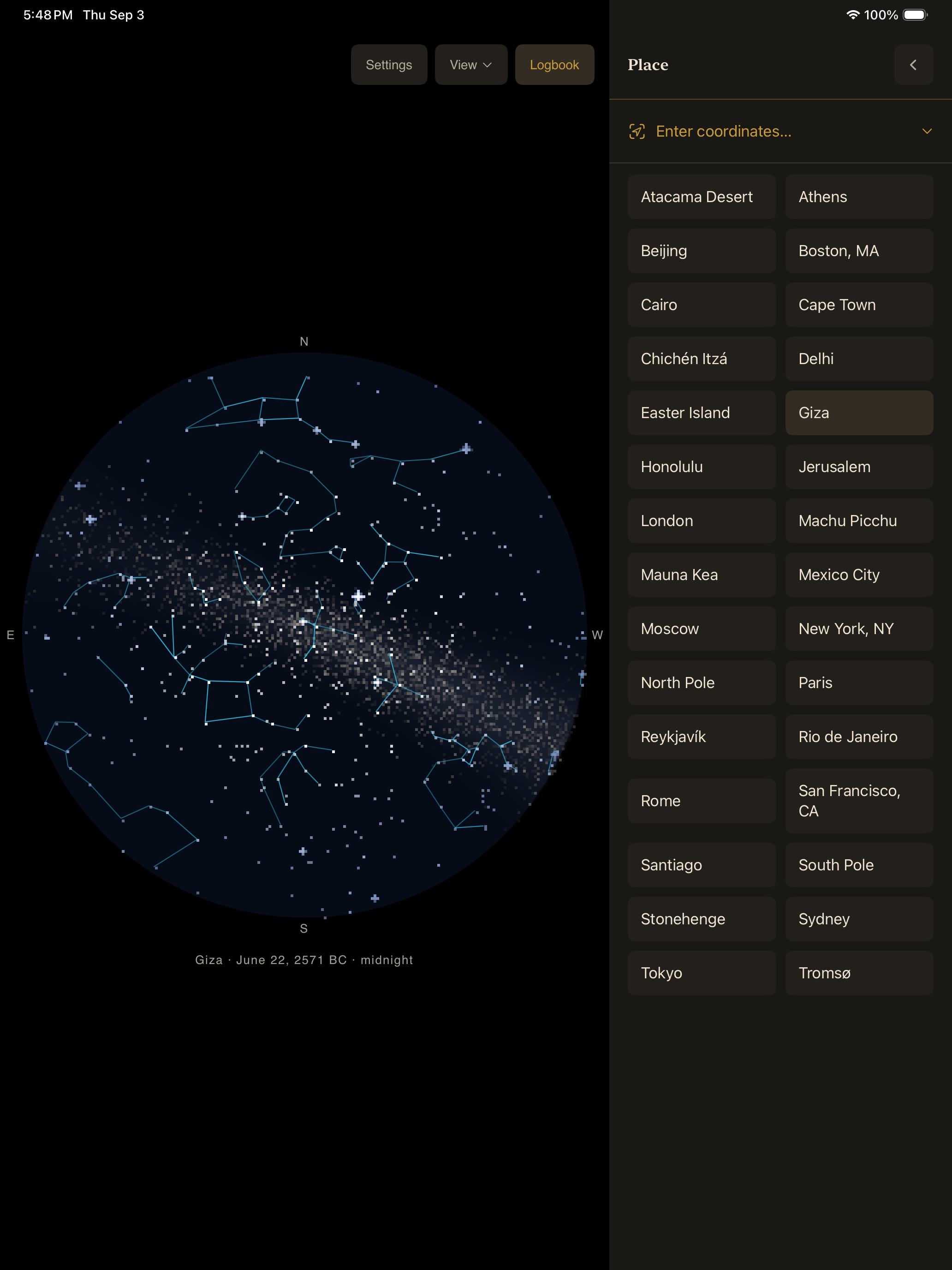 The place picker open beside the night sky with locations from around the world